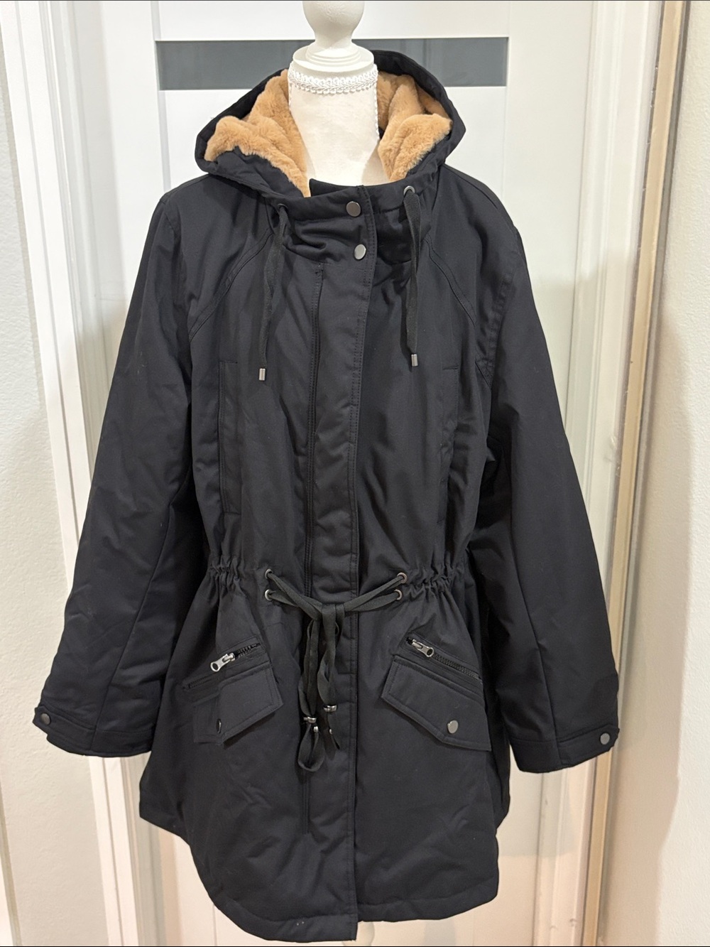 Women's Black Hooded Trench Coat with Tan Faux-Fur Lining